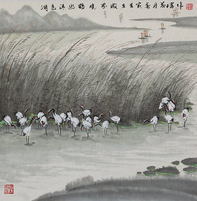 国画   （湖色清幽鹤境界）  尺寸：48*48