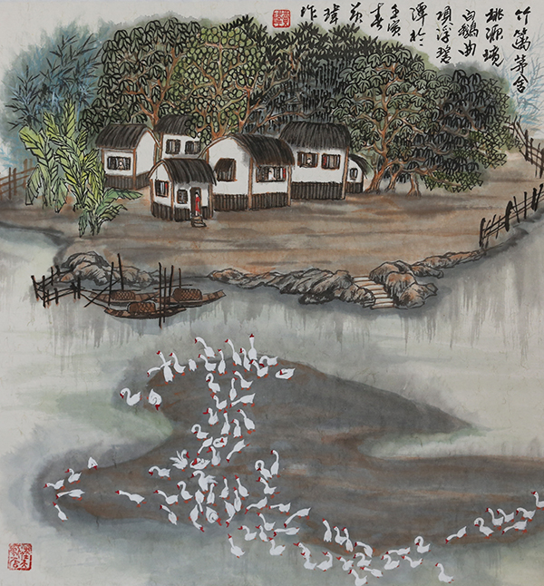 国画  （白鹅曲项浮碧潭）  尺寸 ：45*45