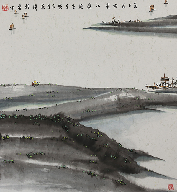 国画  （夏日晨光赏江景）   尺寸 ：45*45