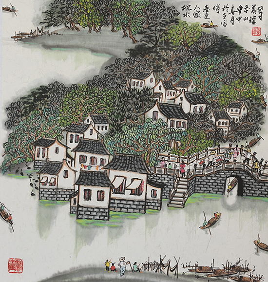 国画  （枕水人家春更俏）   尺寸 ：45*45