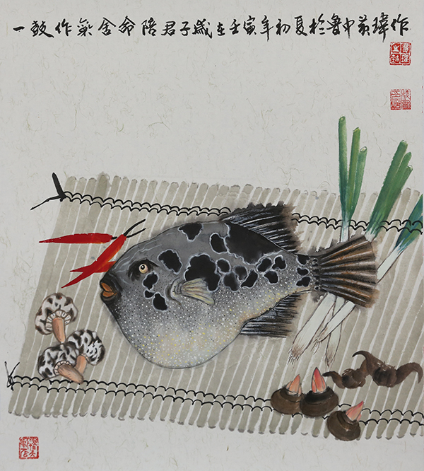国画  （一鼓作气 舍命陪君子）  尺寸：48*48