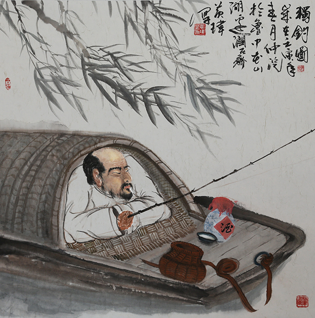 国画  （独钓图）  尺寸：68*68